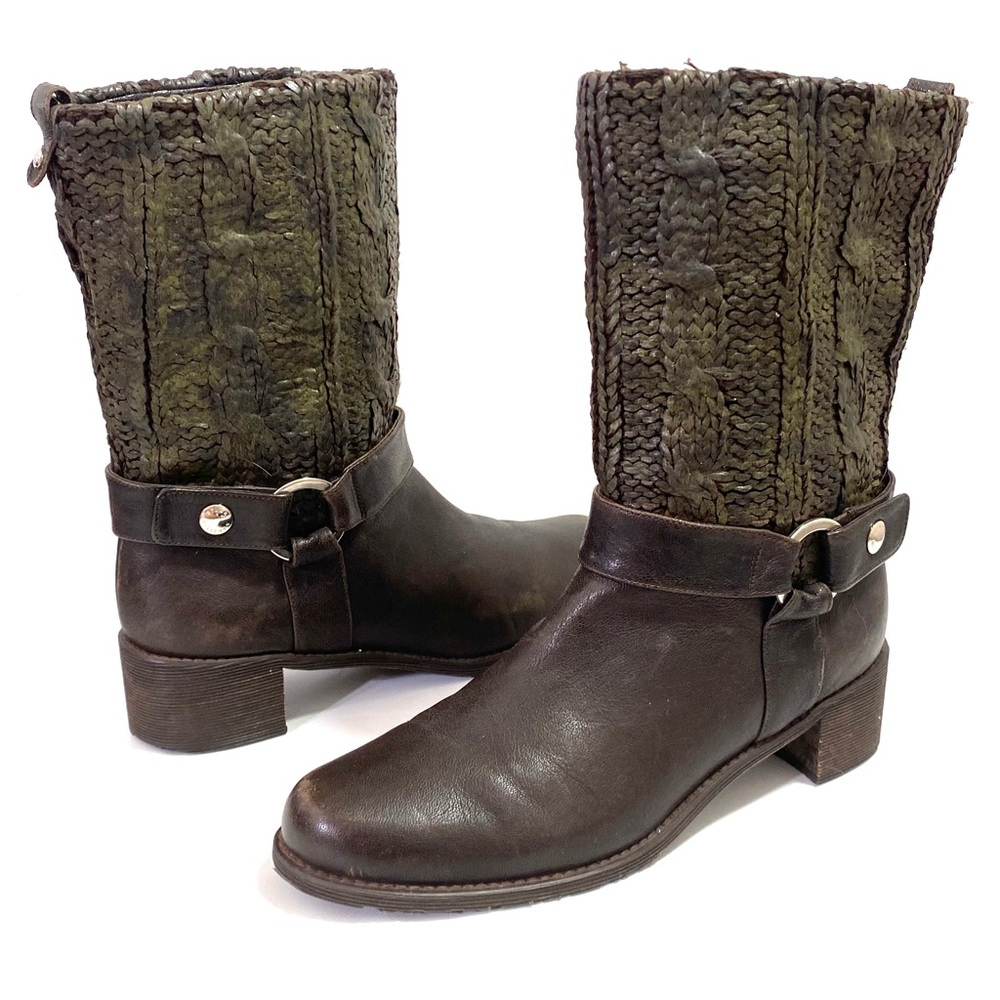 Stuart Weitzman Block Heel Women’s Boots 7.5 Harness Biker Brown Leather/Fabric